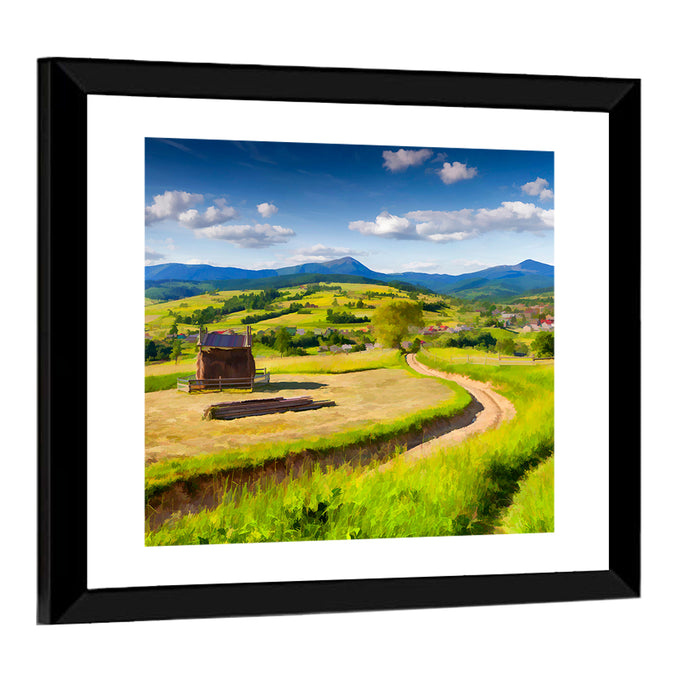 Summer Mountain Village Wall Art as a framed print