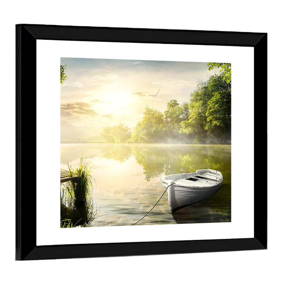 Rowboat at Misty Dock Wall Art