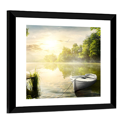 Rowboat at Misty Dock Wall Art