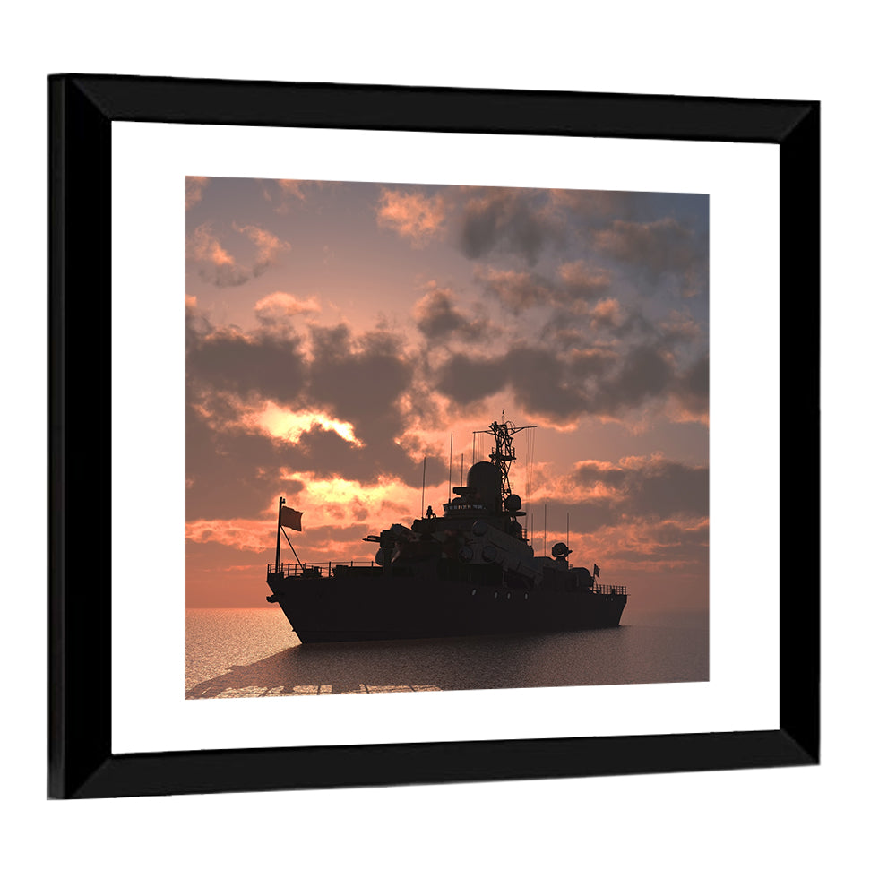 Warship Silhouette at Sunset Wall Art