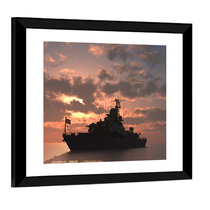 Warship Silhouette at Sunset Wall Art
