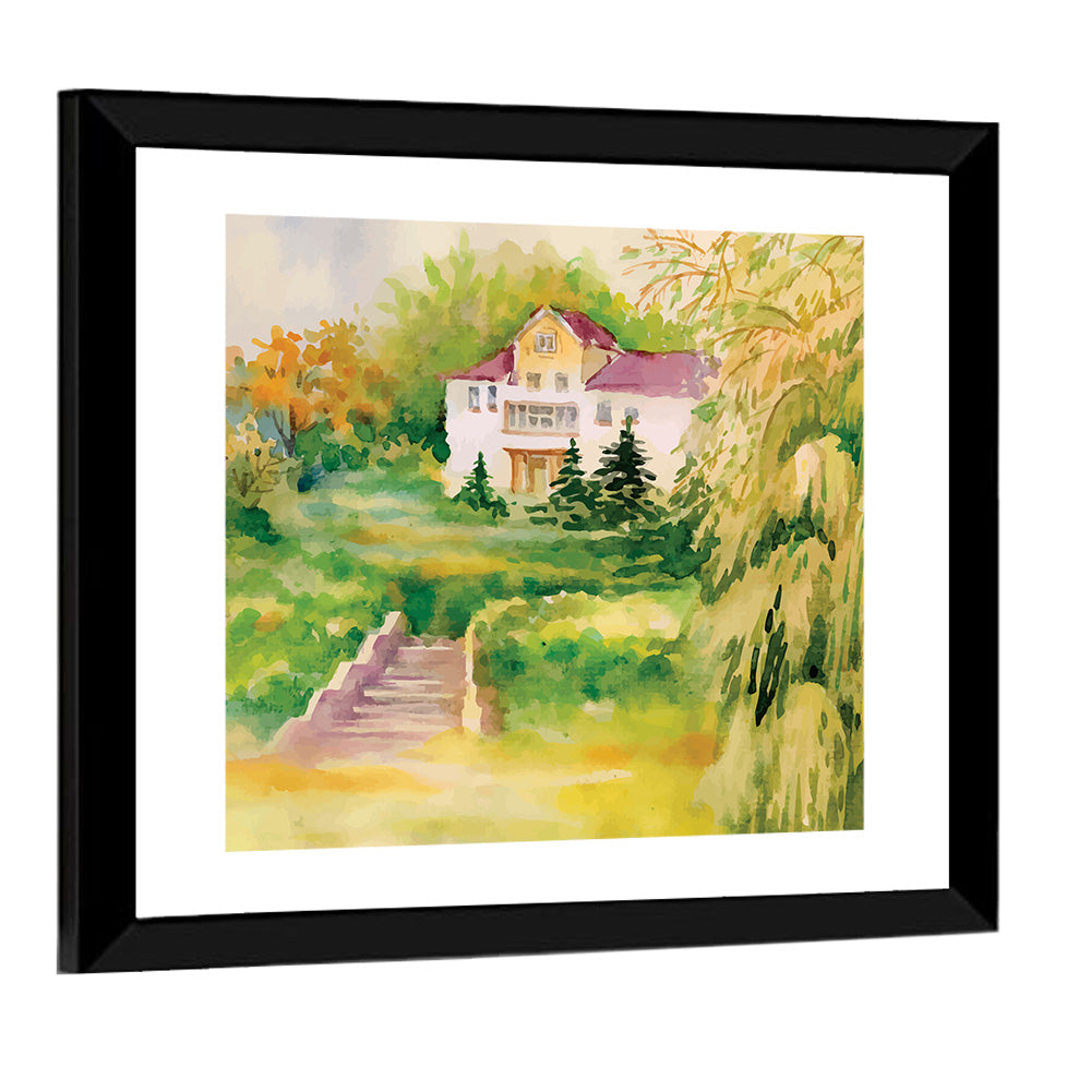 Hilltop House in Garden Illustration Wall Art