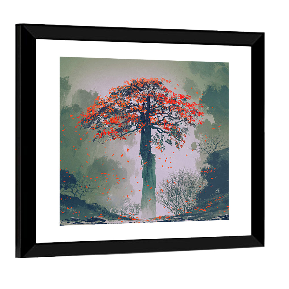 Misty Red Autumn Tree Wall Art