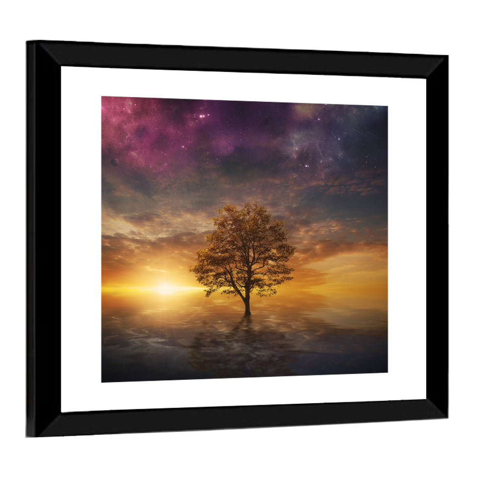 Surreal Tree Over Reflective Lake Wall Art