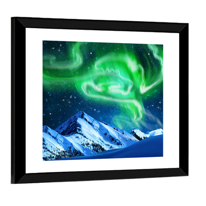 Glowing Aurora Over Snow Capped Mountains Wall Art