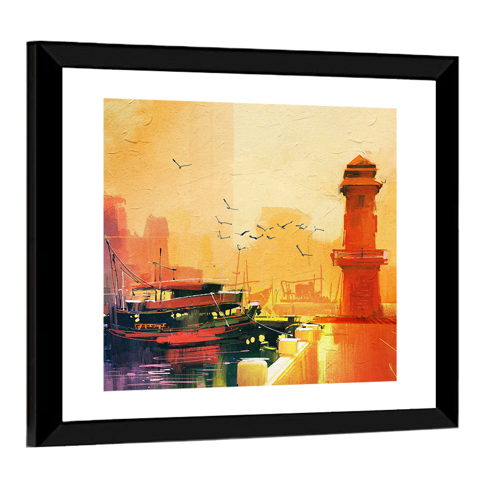 Golden Harbor Lighthouse and Fishing Boat Wall Art