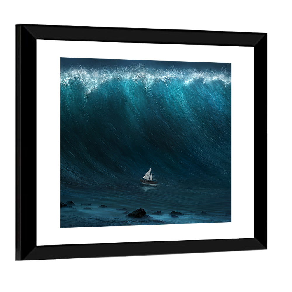 Small Boat Against Large Wave Wall Art