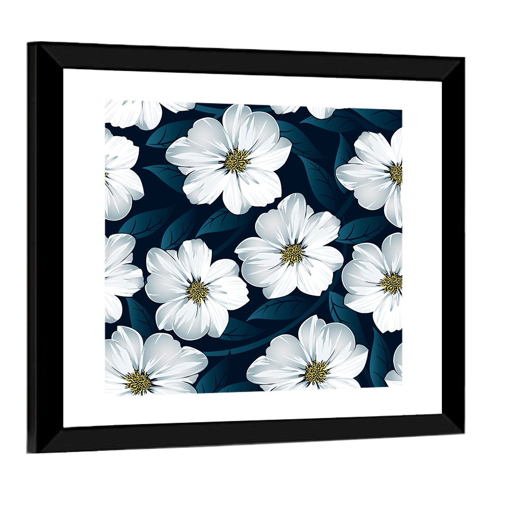 White Flowers on Navy Pattern Wall Art