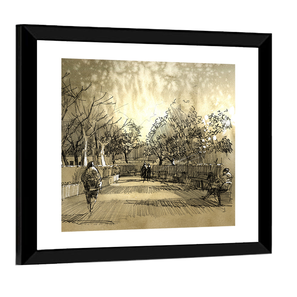 Late Afternoon Park Walkway Sketch Wall Art