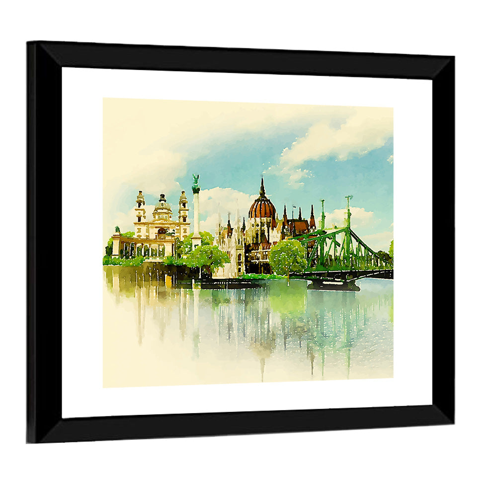Budapest Riverfront Watercolor Wall Art