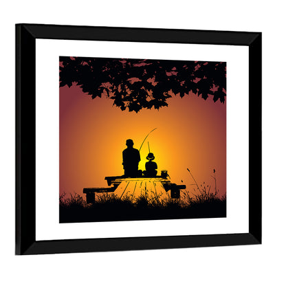 Dockside Sunset Fishing Silhouette Wall Art