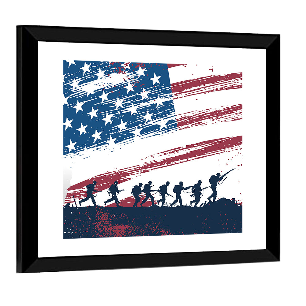 Silhouetted Soldiers with Distressed American Flag Wall Art