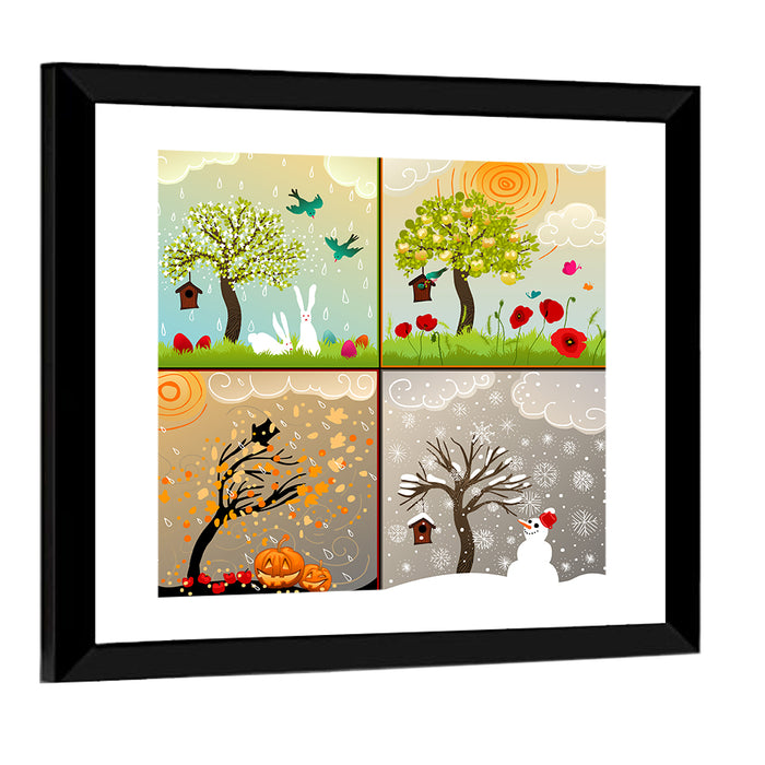 Four Seasons Illustrated Grid Wall Art as a framed print
