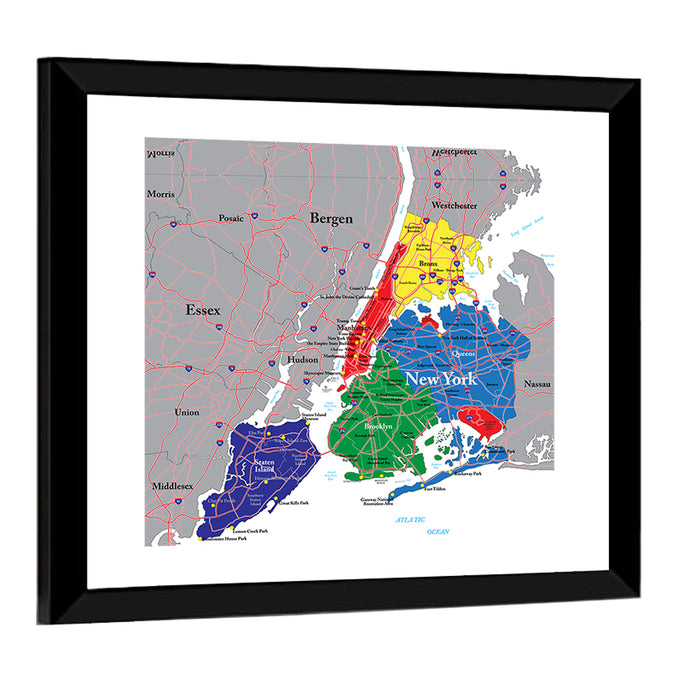 Color-coded New York City Map Wall Art as a framed print