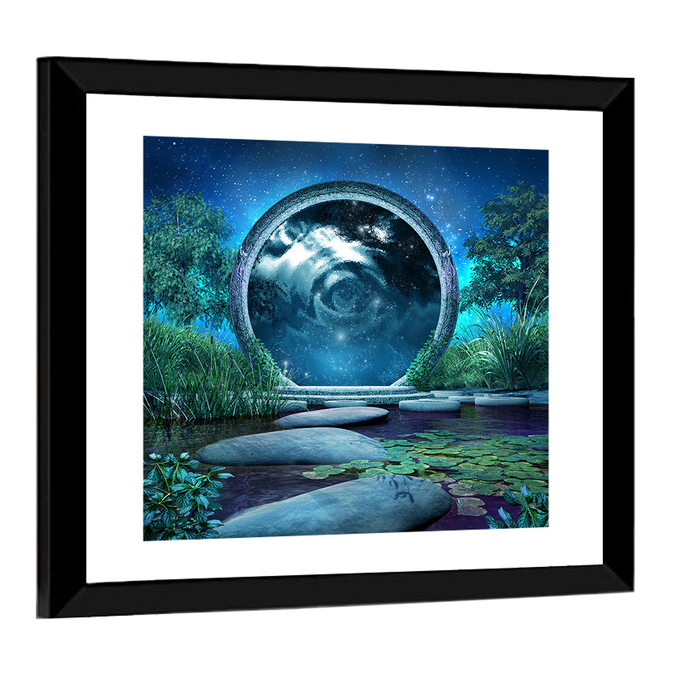 Stone Portal on Moonlit Lake Wall Art