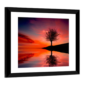 Leafless Tree Near Lake Sunset Wall Art