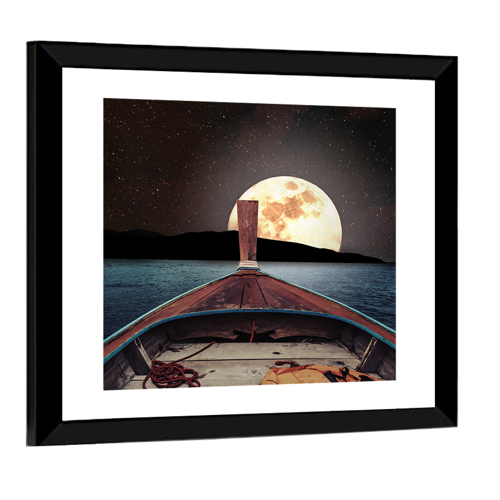 Longtail Boat Under Full Moon Wall Art