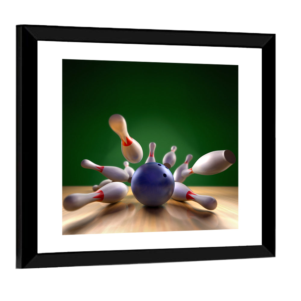 Blue Bowling Ball Hitting Pins Wall Art