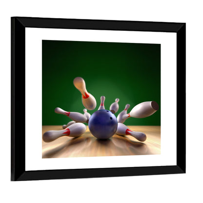 Blue Bowling Ball Hitting Pins Wall Art