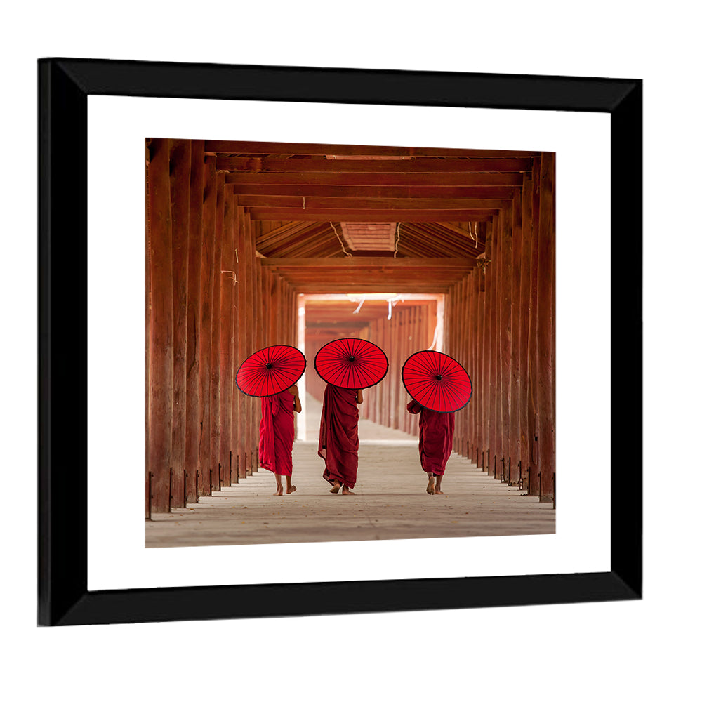 Novice Monks with Red Umbrellas Wall Art