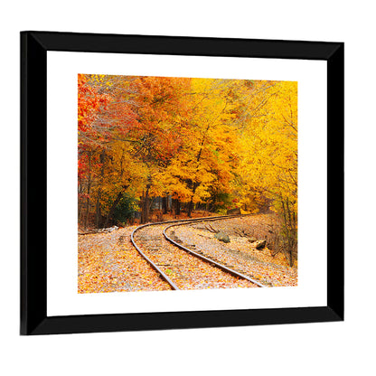 Curving Railroad Through Autumn Forest Wall Art