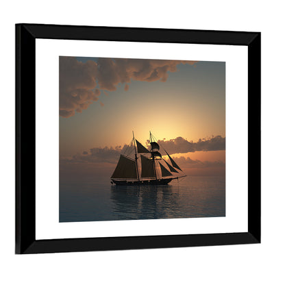 Schooner Silhouette at Sunset Wall Art