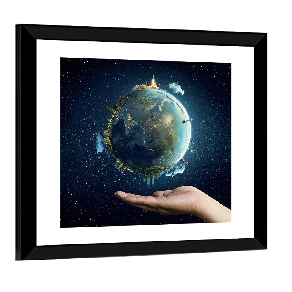 Earth Cradled in Palm with City Lights Wall Art