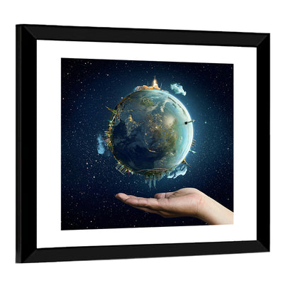 Earth Cradled in Palm with City Lights Wall Art