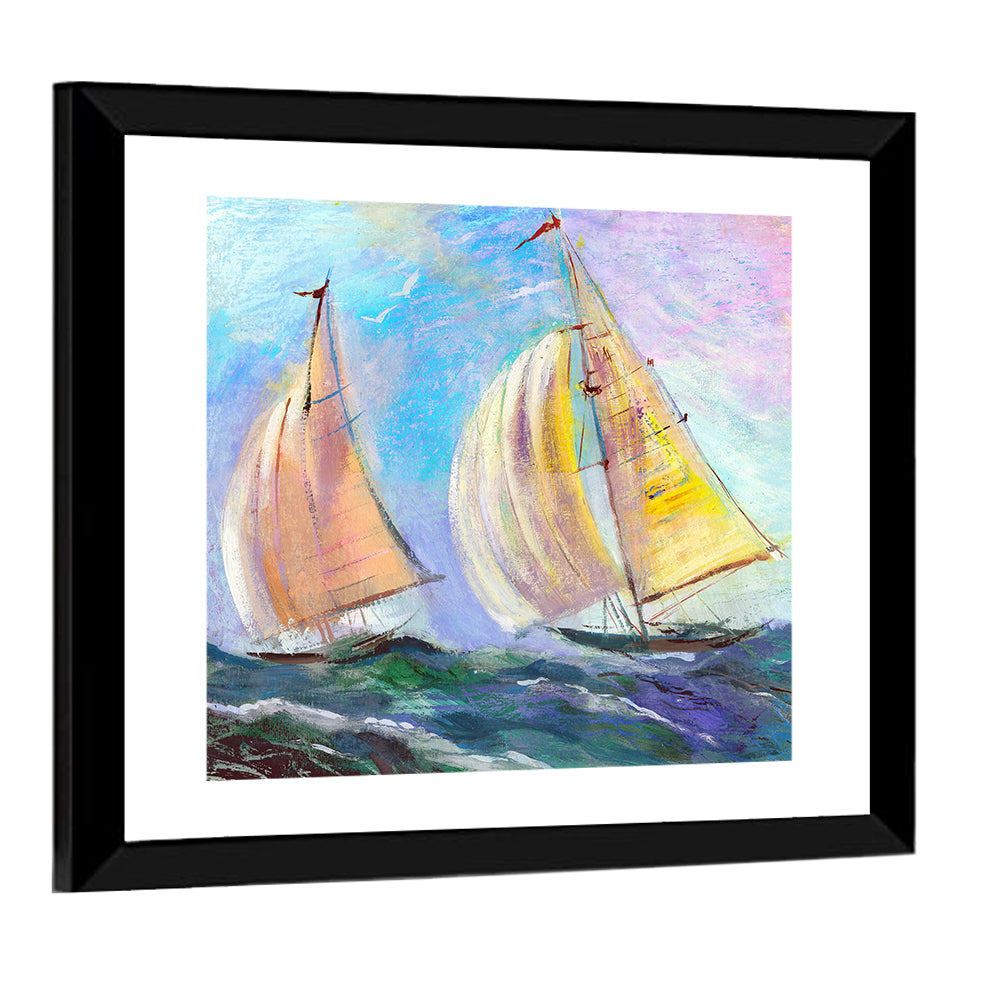 Two Sailboats in Colorful Seascape Wall Art