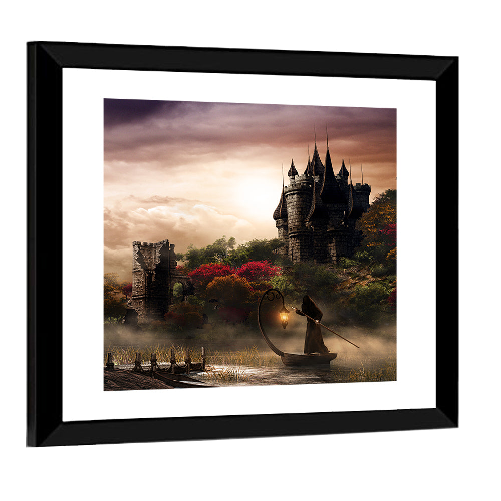 Castle Over Misty Lake at Dusk Wall Art