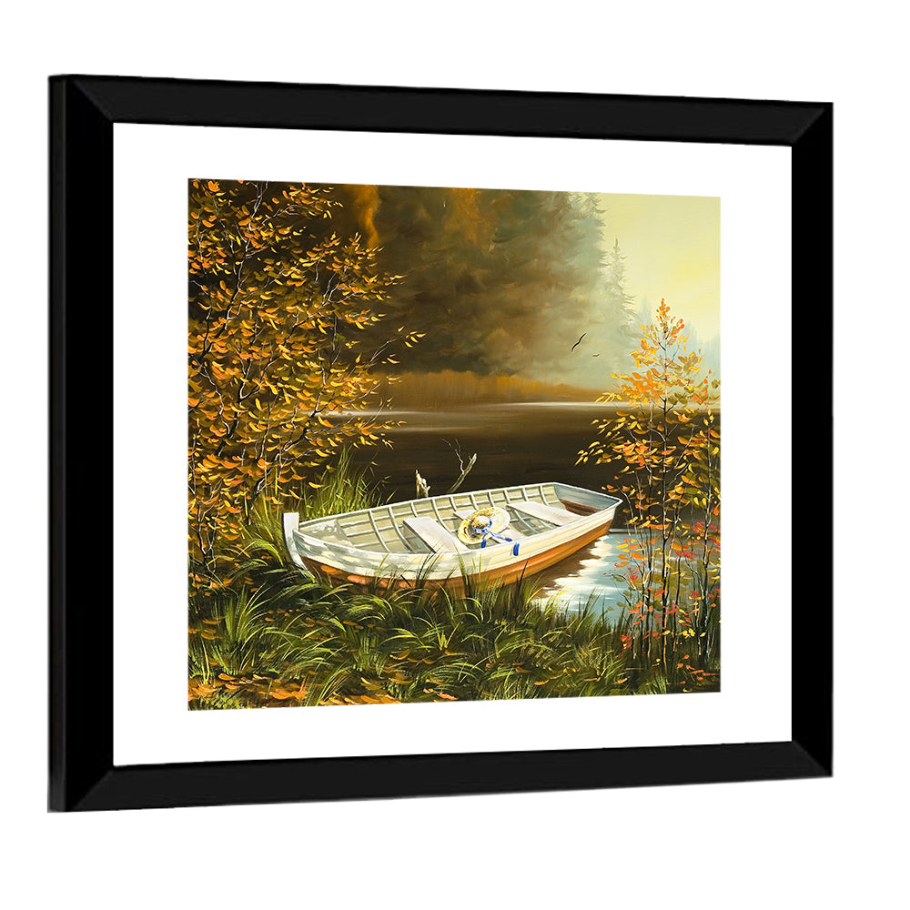 Boat with Straw Hat on Lake Bank Wall Art