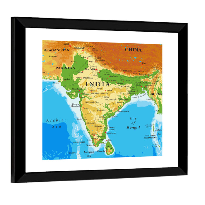 Relief Map of India Wall Art as a framed print