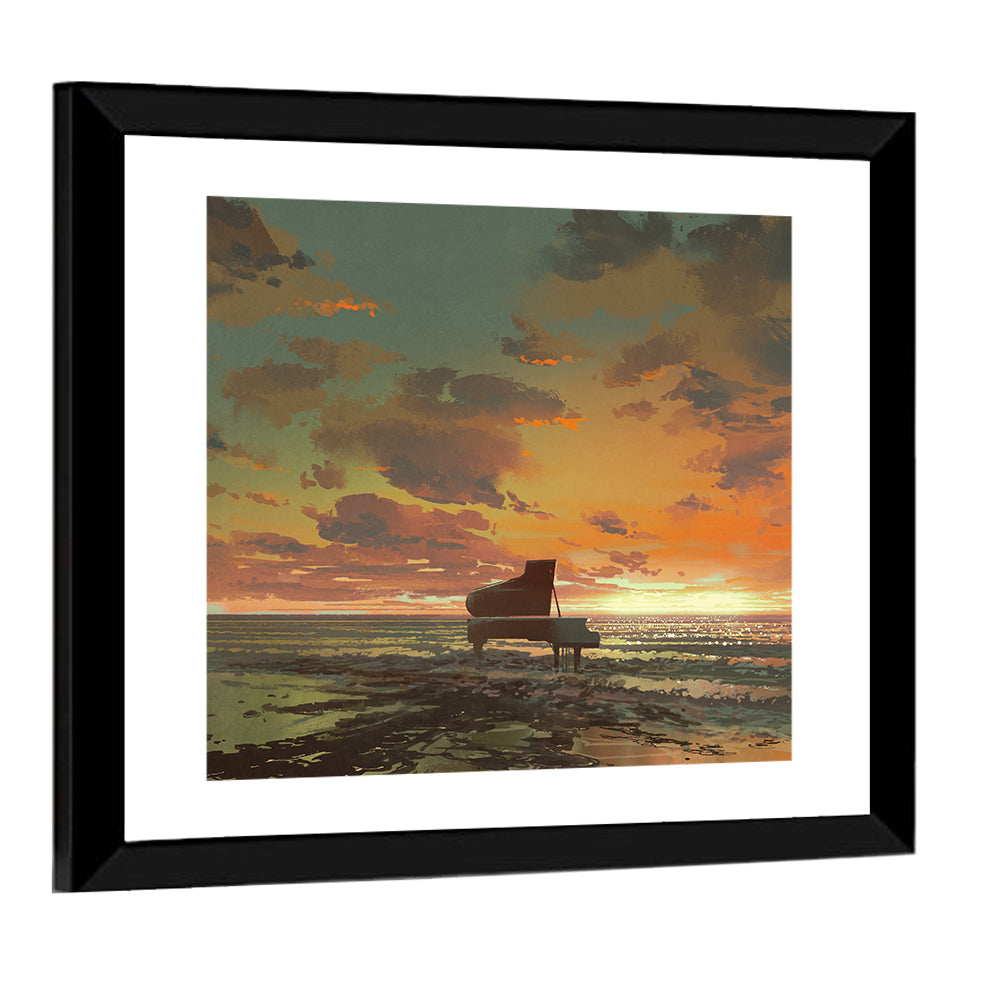 Piano on the Beach at Sunset Wall Art