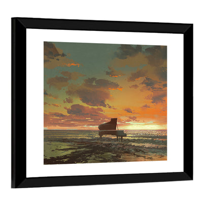 Piano on the Beach at Sunset Wall Art