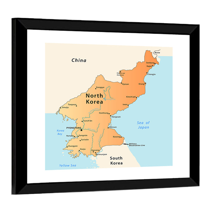 North Korea Political Map Wall Art as a framed print