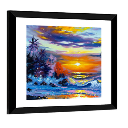 Evening Coastal Sunset with Palm Silhouettes Wall Art