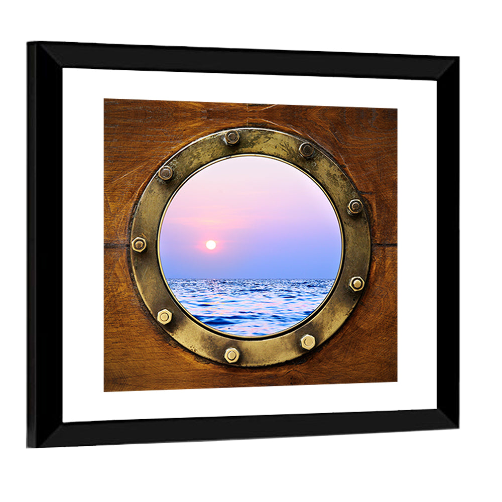 Brass Porthole with Sunset Horizon Wall Art
