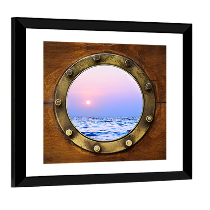Brass Porthole with Sunset Horizon Wall Art