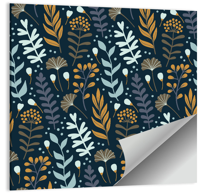 Navy Gold Wild Floral Pattern Wall Art