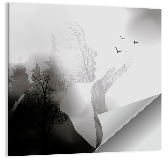 Woman Profile Forest Double Exposure Wall Art as a poster print