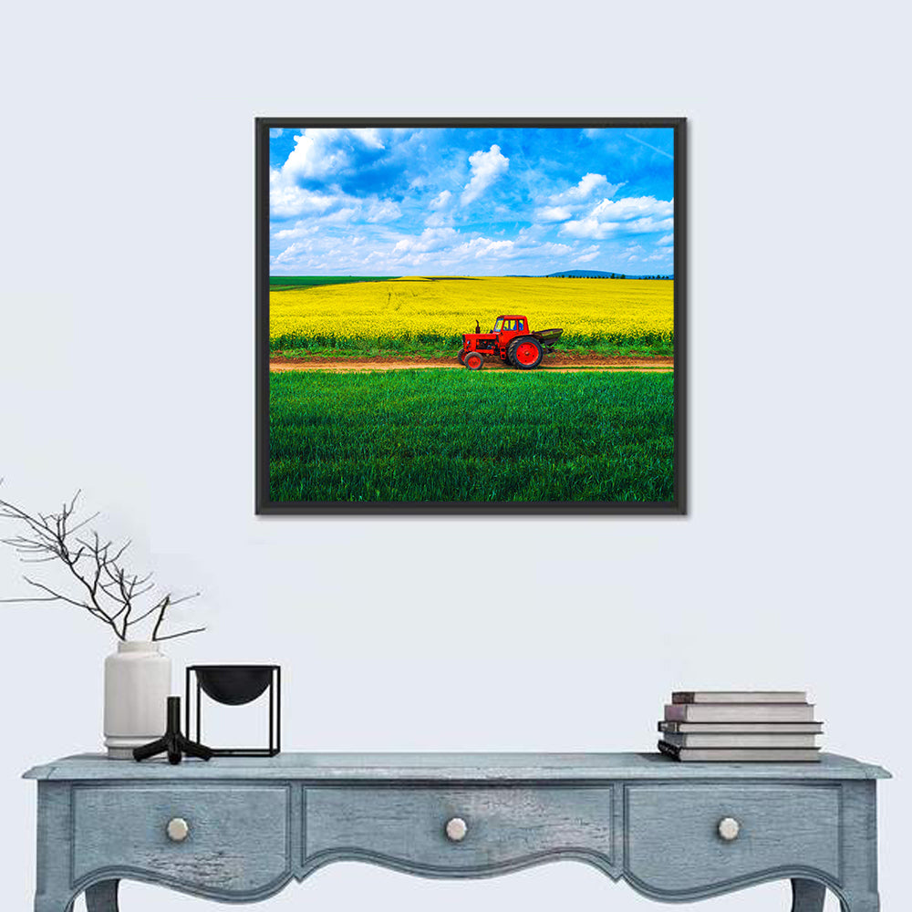 Red Tractor Over Yellow Rapeseed Field Wall Art