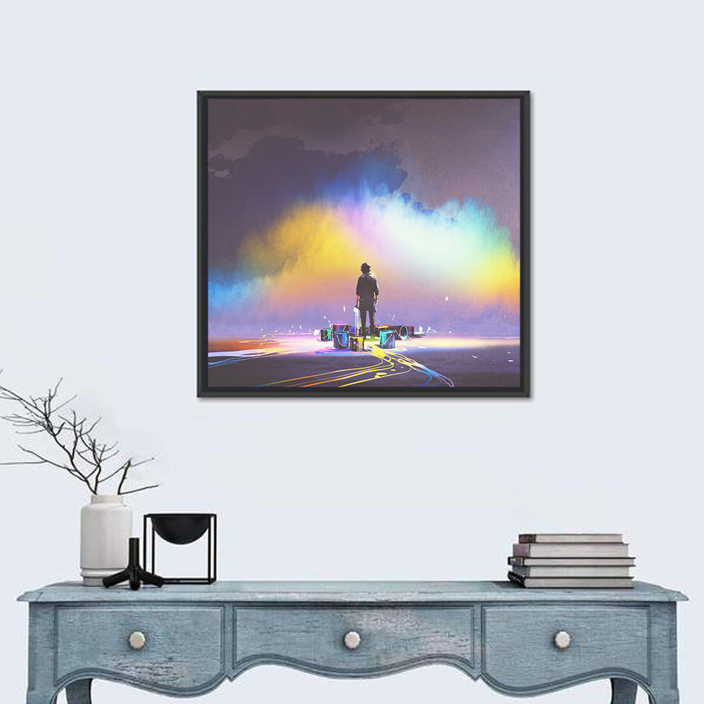 Silhouette with Paint Buckets and Rainbow Light Wall Art