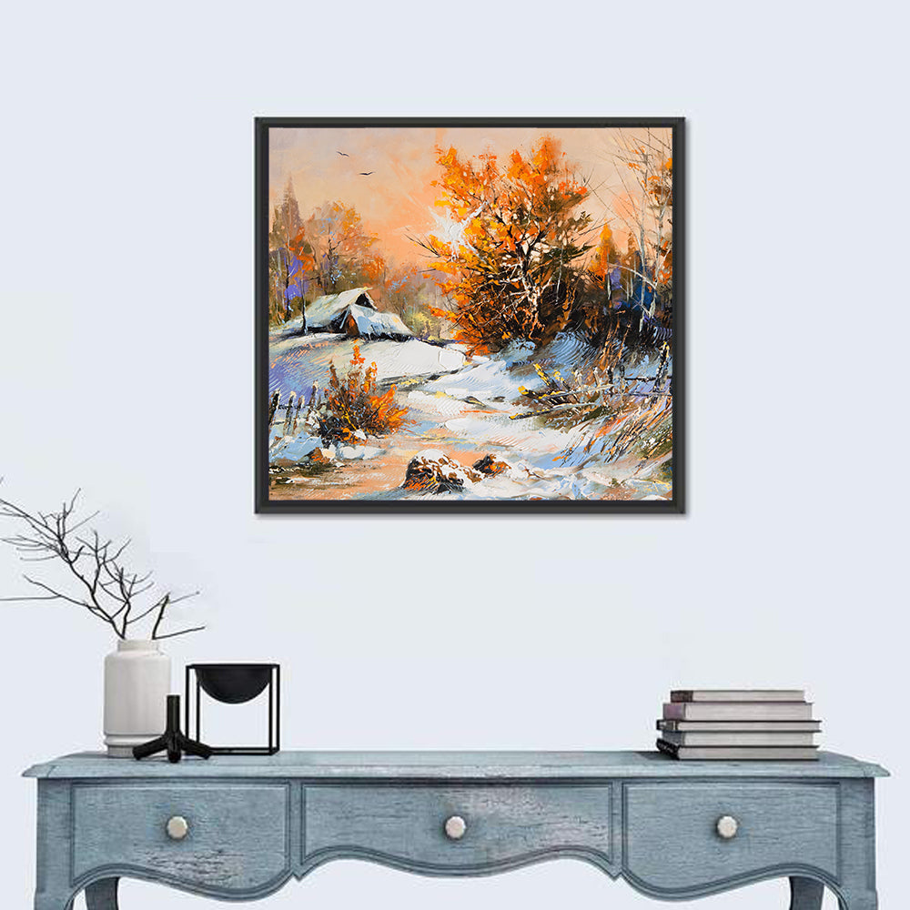 Snowy Cottage at Golden Hour Wall Art