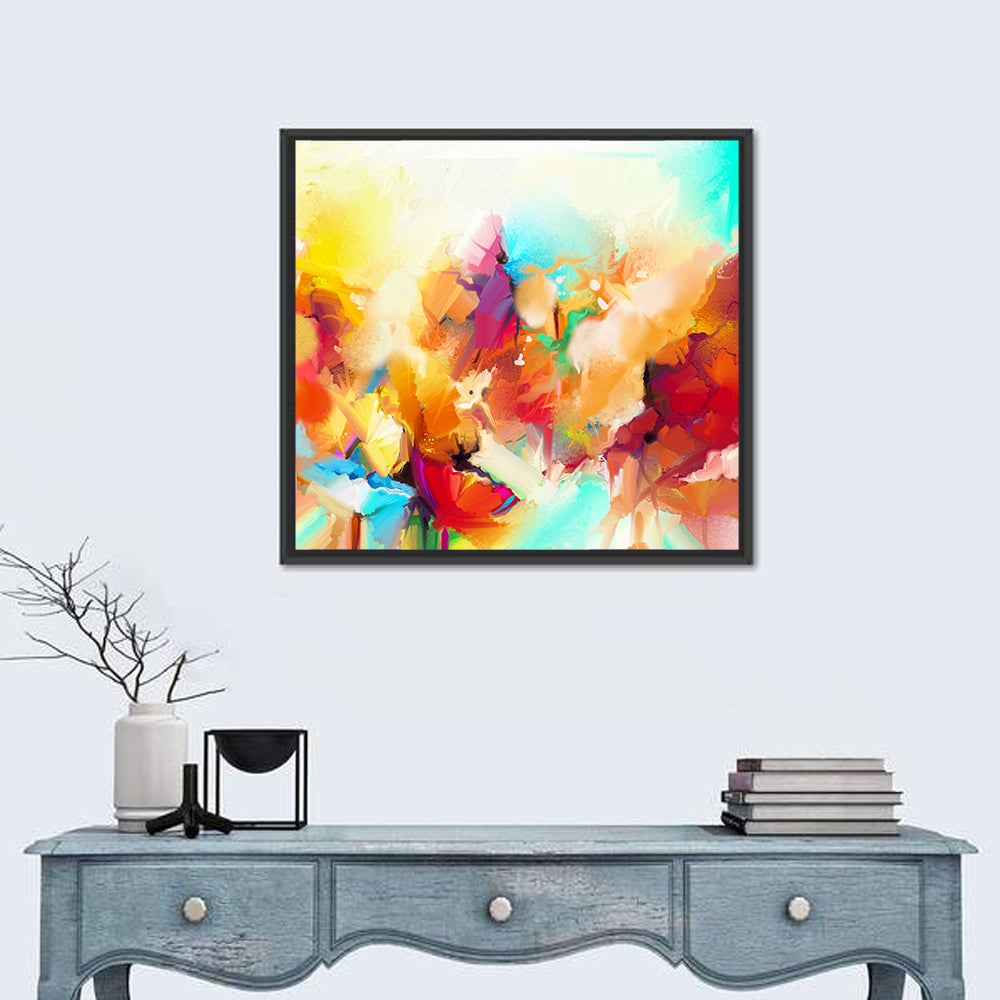 Vibrant Semi Abstract Flowers Wall Art in a room, square