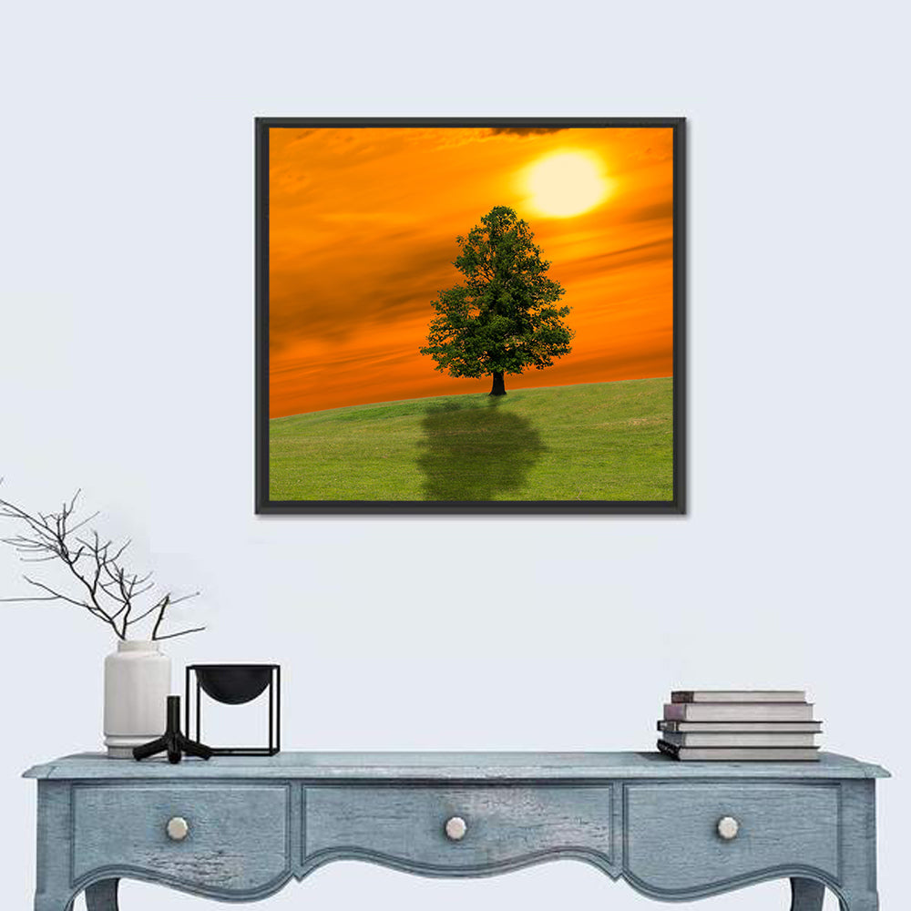 Lonely Tree on Green Hill at Sunset Wall Art
