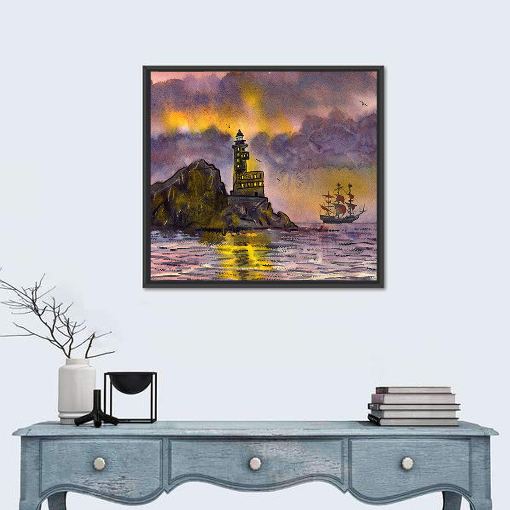 Lighthouse and Sailing Ship at Dusk Wall Art
