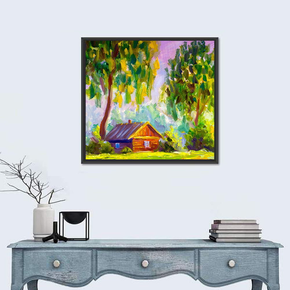 Impressionist Log Cabin in Green Forest Wall Art