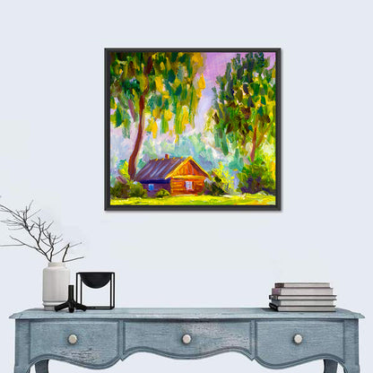 Impressionist Log Cabin in Green Forest Wall Art
