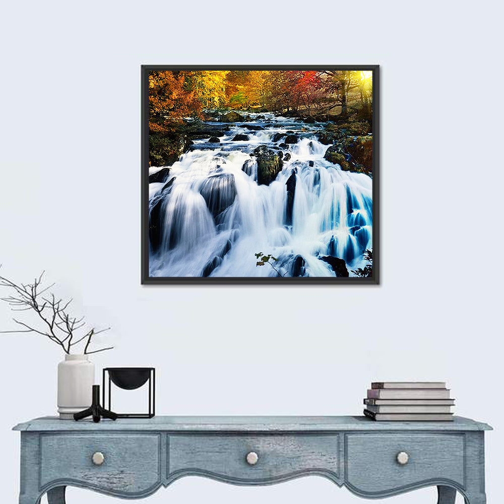 Mossy Autumn Forest Waterfall Wall Art