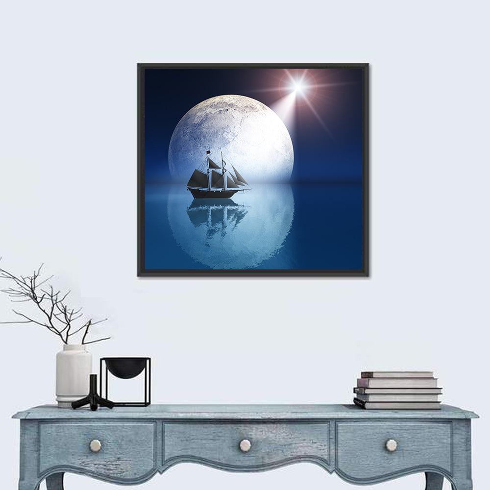Moonlit Ship with Glowing Star Wall Art